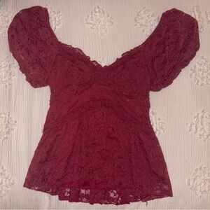 Altar'd State Maroon Lace Puff Sleeve Babydoll Top